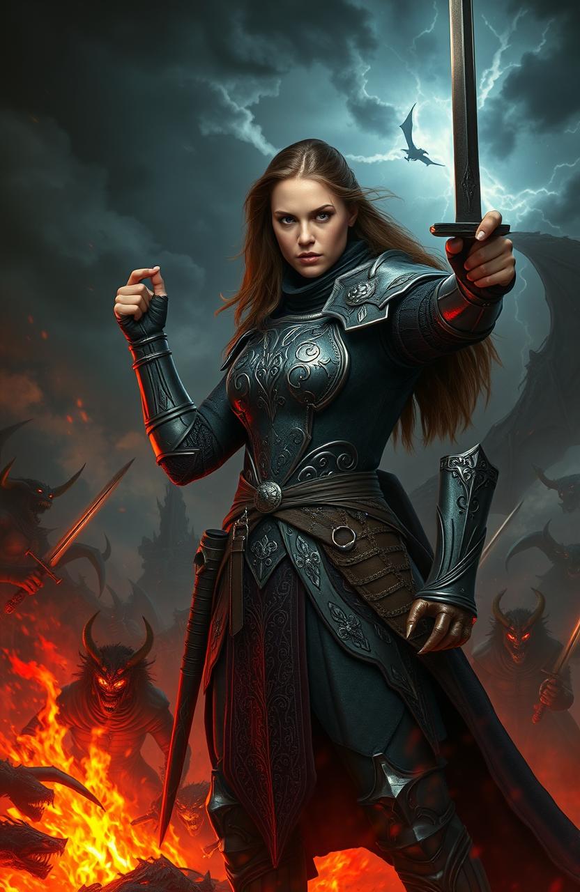 A medieval woman warrior in intricately designed armor, standing confidently and pointing towards the horizon with her sword drawn