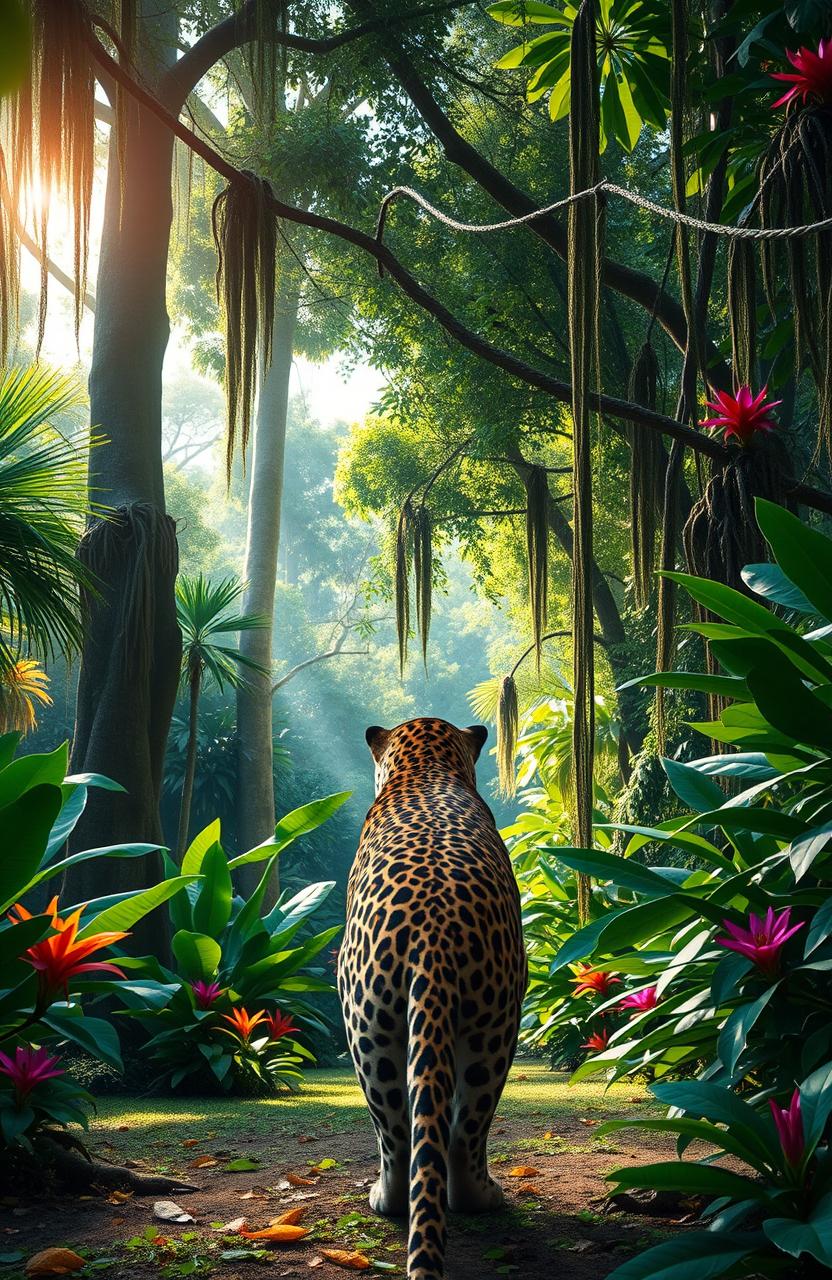 A vibrant jungle clearing in South America where a majestic jaguar stands facing the viewer, showcasing its powerful physique and distinctive spotted coat