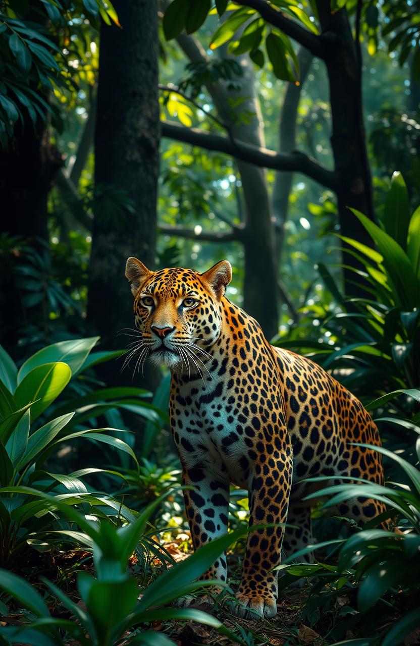 A stunning scene in a South American jungle, featuring a majestic jaguar standing confidently amidst lush greenery