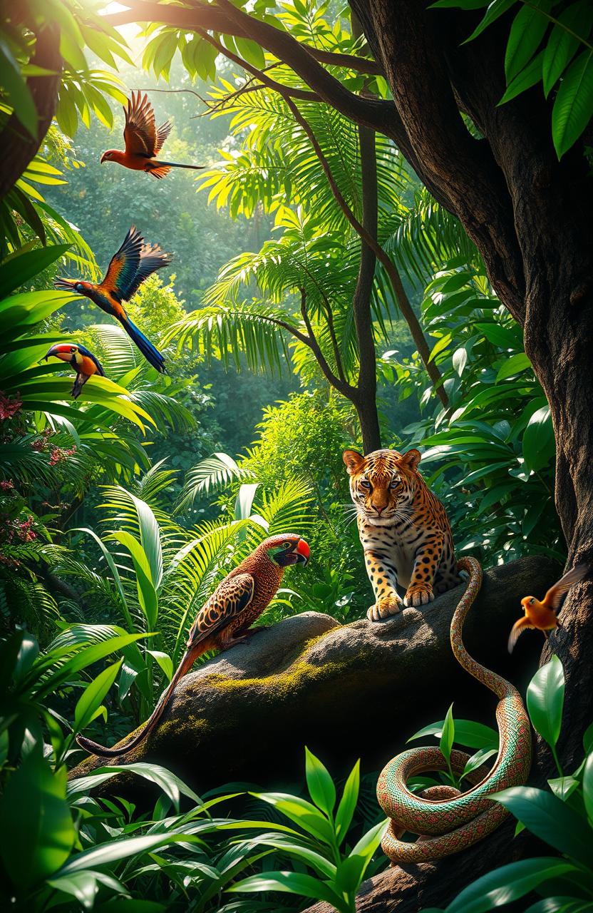 A clear opening in a lush South American jungle, vibrant greenery surrounding the scene