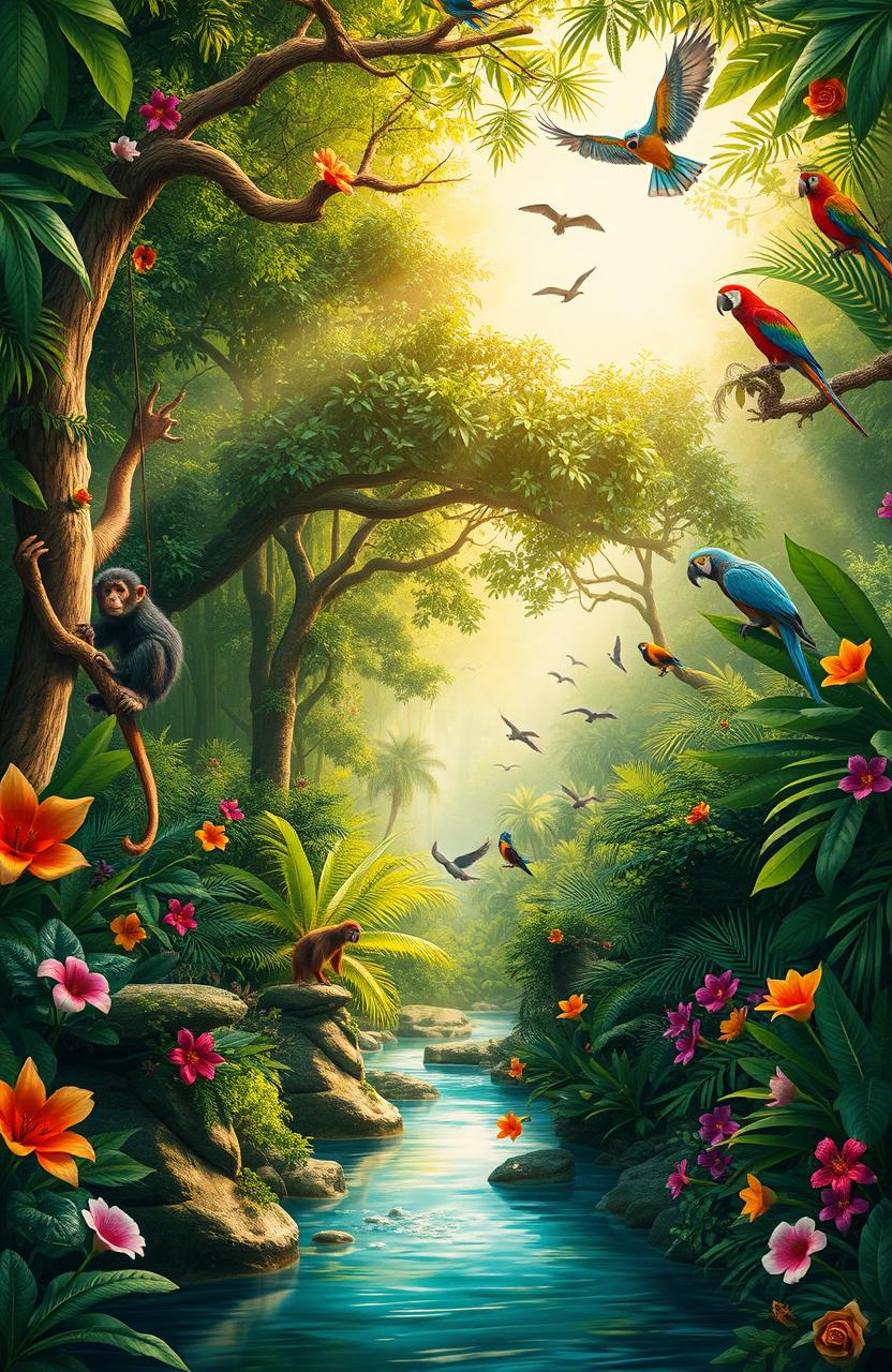 A lush and vibrant jungle scene filled with exotic trees, colorful flowers, and various animals such as monkeys swinging from branches, parrots flying through the sky, and a gentle river flowing through the landscape