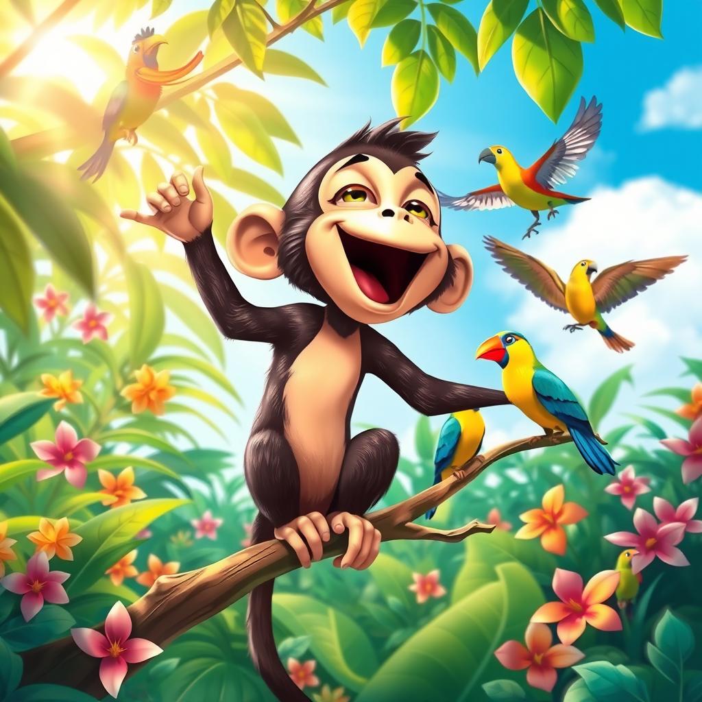 A vibrant and animated scene featuring a playful monkey singing joyfully, showcasing its expressive face and bright, glossy fur