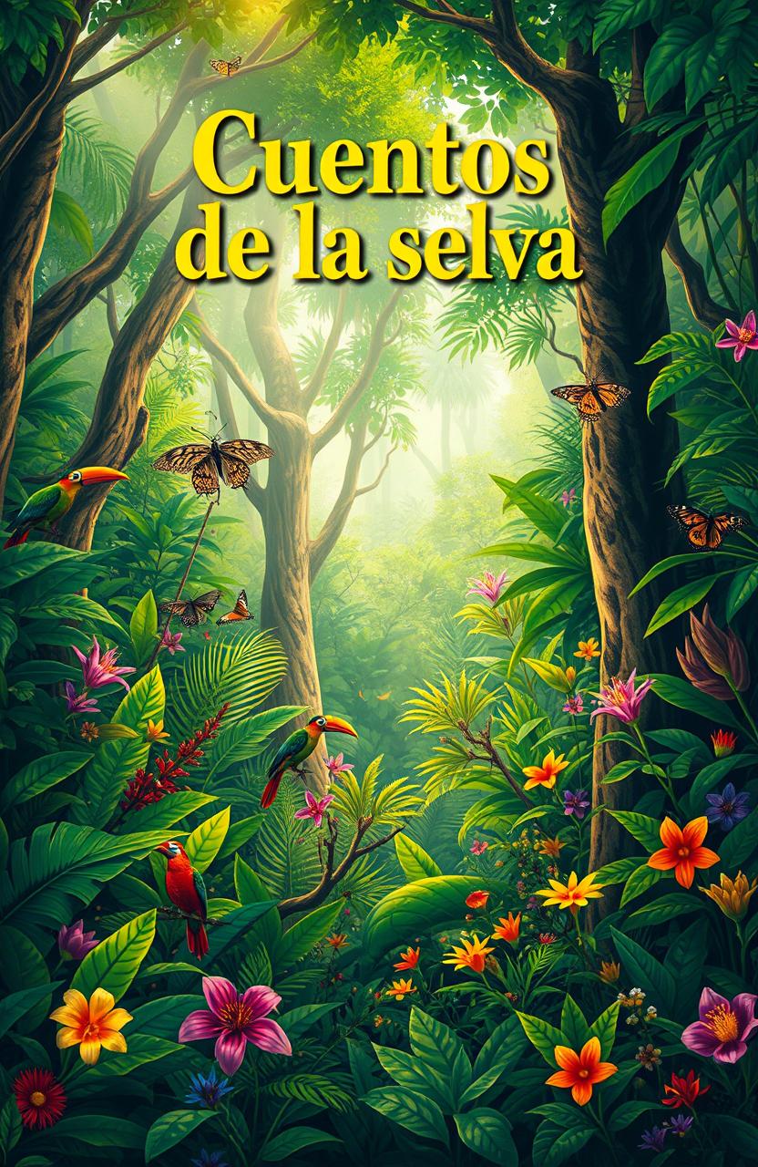 A vivid and lush South American jungle teeming with vibrant greenery, towering trees with thick trunks, and colorful flowers scattered throughout the undergrowth
