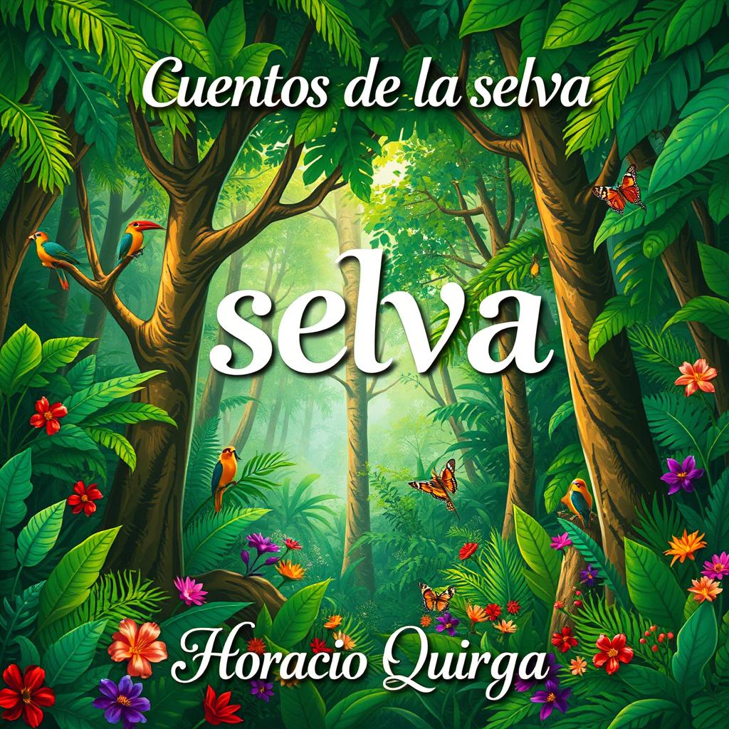 A vivid and lush South American jungle teeming with vibrant greenery, towering trees with thick trunks, and colorful flowers scattered throughout the undergrowth