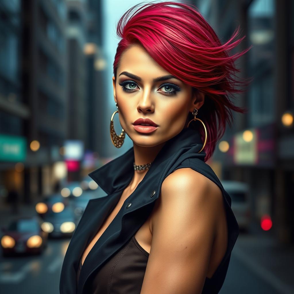 A strikingly attractive woman with a bold and glamorous appearance, styled in high fashion