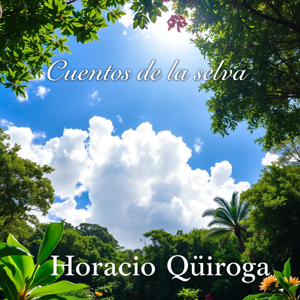 A serene forest clearing revealing a vivid sky filled with soft clouds above a lush South American jungle