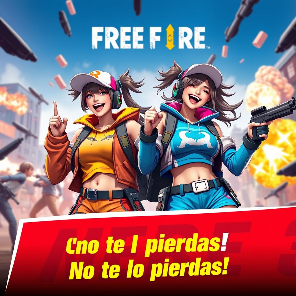 A vibrant and dynamic YouTube thumbnail featuring two female characters inspired by the game Free Fire