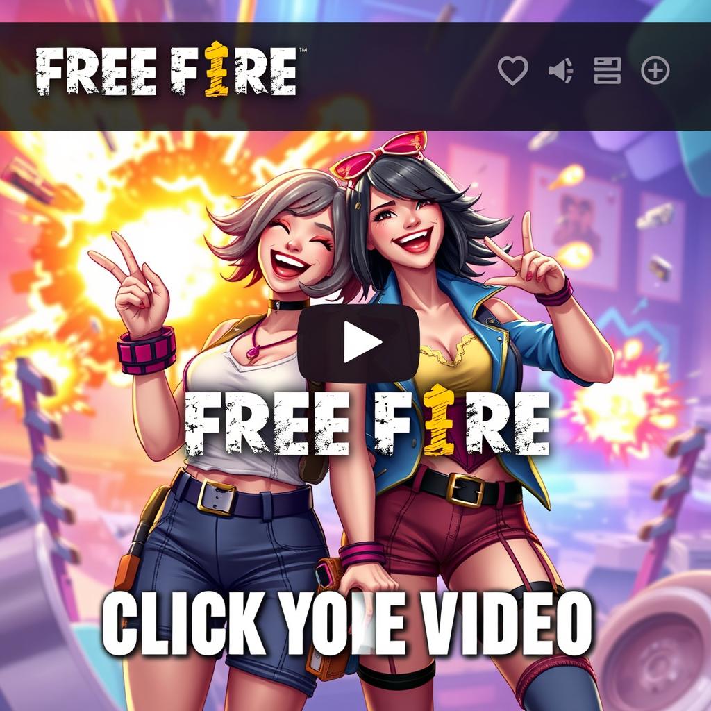 A vibrant and colorful YouTube thumbnail for the game Free Fire, featuring two stylish female characters from the game, laughing joyfully