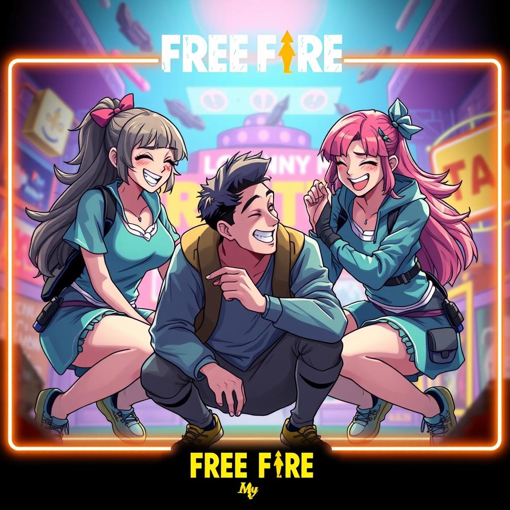A vibrant YouTube thumbnail for Free Fire featuring two female characters styled like those in the game, laughing playfully at a male character who is crouching down
