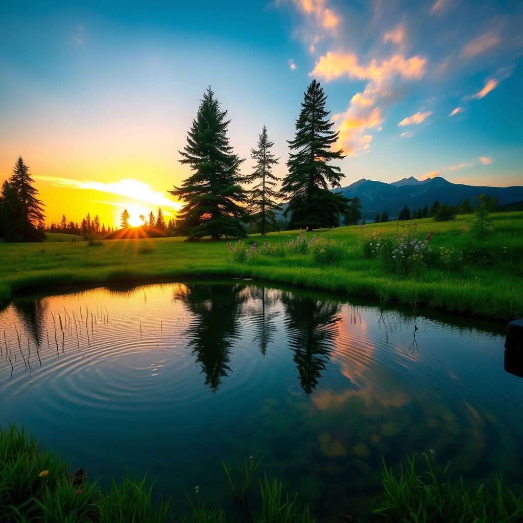 A serene landscape featuring a lush green meadow illuminated by a gentle golden sunset