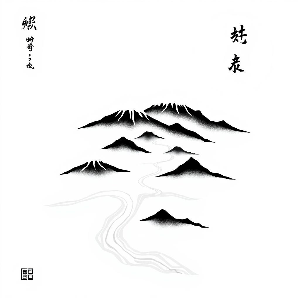 A minimalistic black and white illustration featuring a map as the central theme, inspired by traditional Japanese art styles