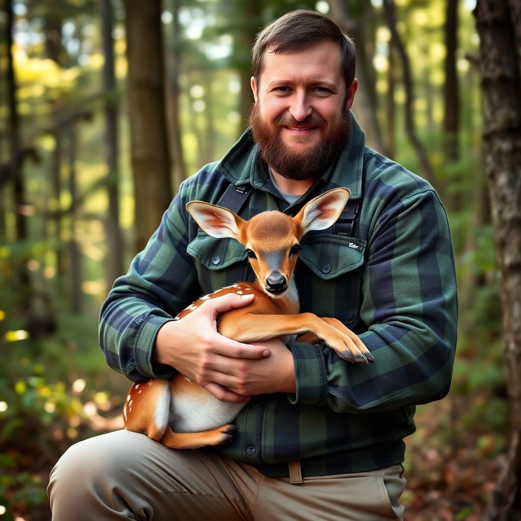 A skilled hunter, dressed in rugged outdoor clothing, holds a fawn in his arms, showcasing a gentle and nurturing expression