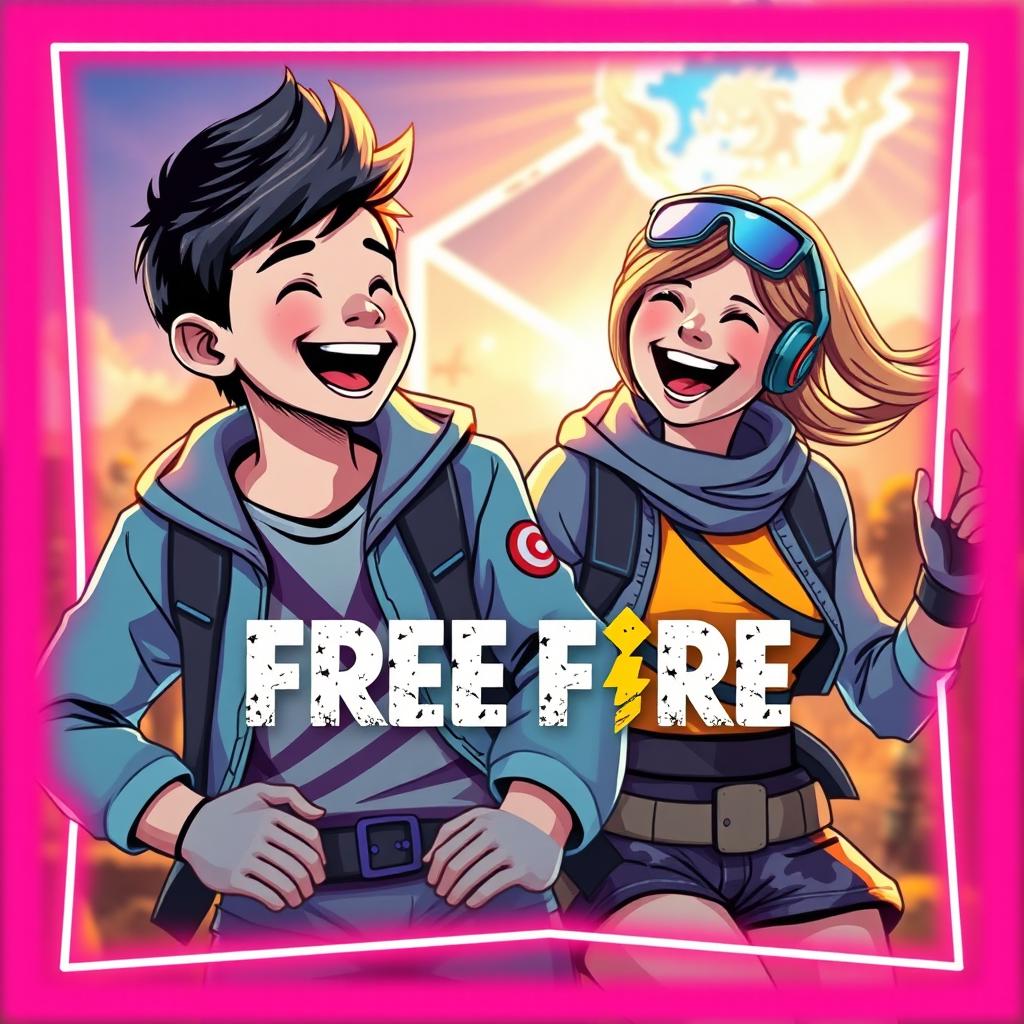 A vibrant YouTube thumbnail featuring a boy and a girl from the game Free Fire, both laughing joyfully