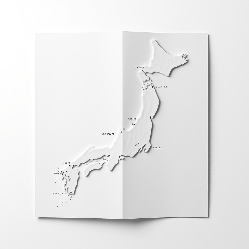 A minimalistic black and white photograph featuring a beautifully designed paper map in a Japanese style