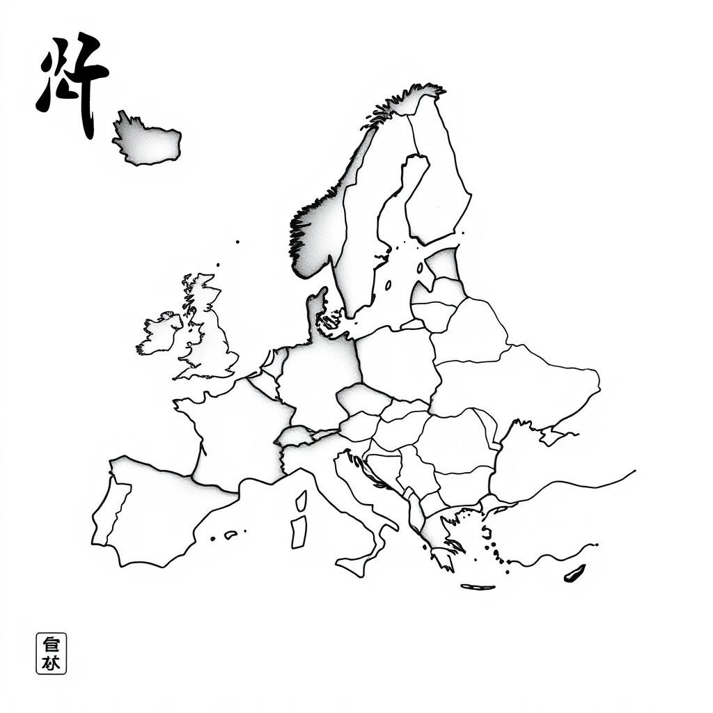 A minimalistic black and white illustration featuring a detailed paper map of Europe, rendered in a traditional Japanese style
