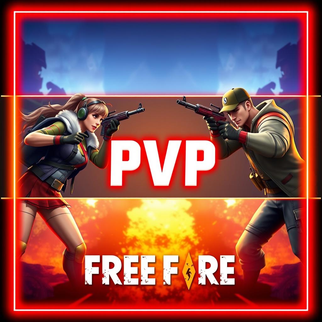 A vibrant and eye-catching YouTube thumbnail for Free Fire, featuring one female character and one male character from the game, each positioned on opposite sides of the banner, both aiming their weapons at each other