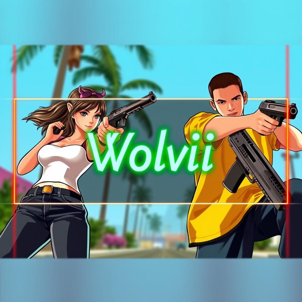 A vibrant YouTube thumbnail for GTA San Andreas featuring a girl and a boy from the game, positioned on opposite sides of the banner, each pointing a weapon at each other