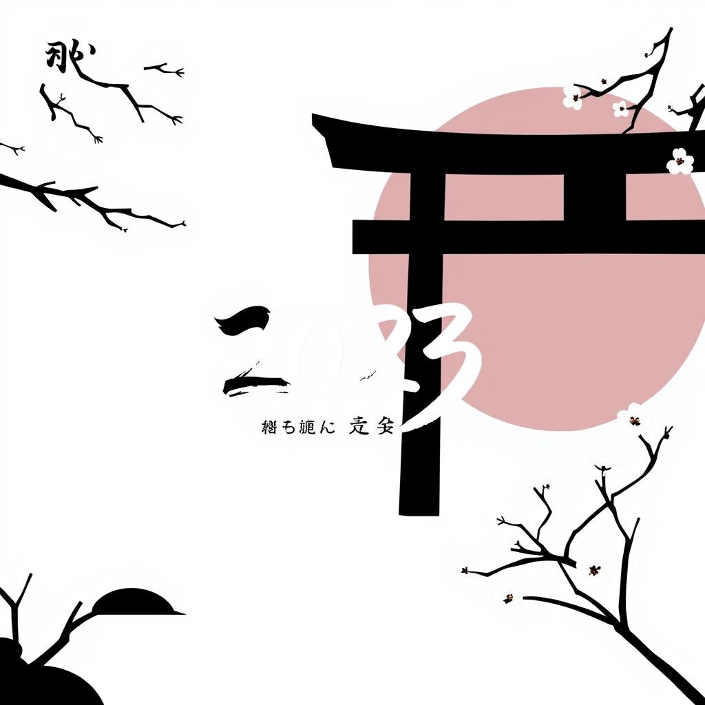 A minimalistic black and white image featuring a Japanese New Year theme