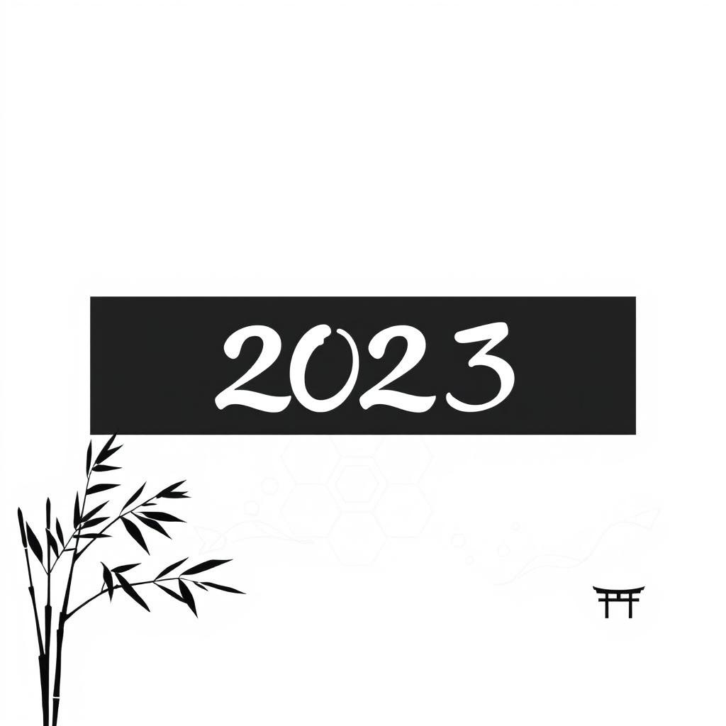 A minimalistic black and white image with a Japanese New Year theme, featuring elegant calligraphy of "2023" in the center