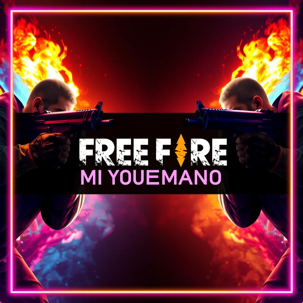 A vibrant YouTube thumbnail for FREE FIRE featuring two male characters from the game, each positioned on opposite sides of the banner, aiming their weapons at each other