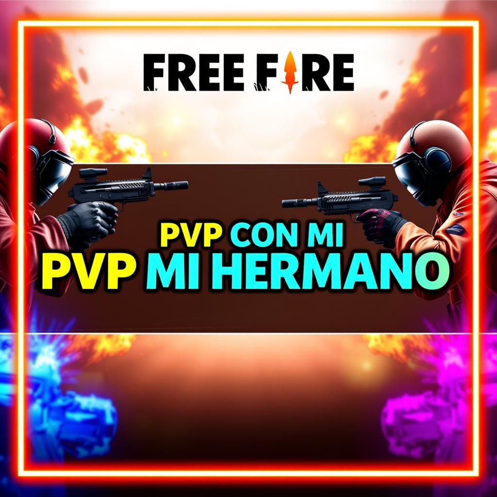 A vibrant YouTube thumbnail for FREE FIRE, featuring two players from the game positioned on opposite sides of the banner pointing their weapons at each other