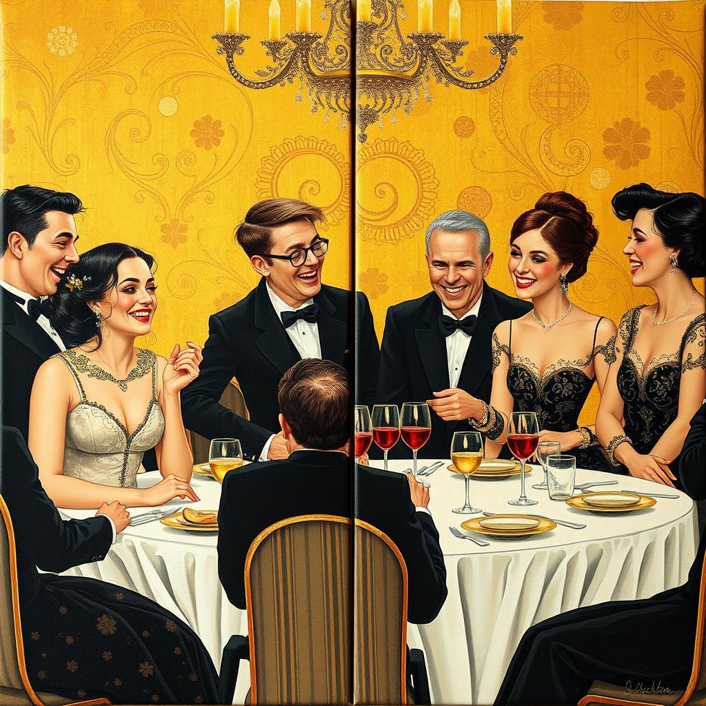 A realistic illustration depicting a banquet scene on two canvases, each measuring 50cm x 50cm, inspired by the artistic style of Gustav Klimt