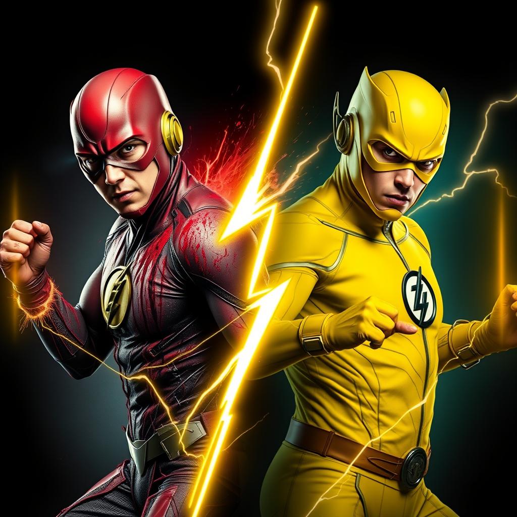 A vibrant YouTube thumbnail featuring The Flash on one side and Reverse Flash on the other