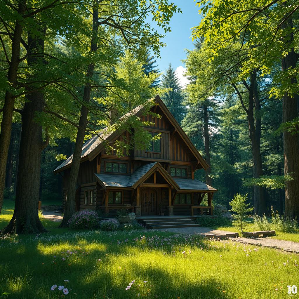 A picturesque guild hall nestled in a serene clearing within a dense forest