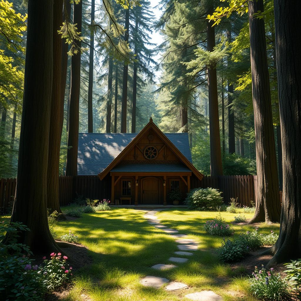 A charming guild hall situated in a peaceful clearing within a lush forest