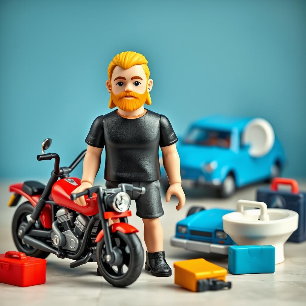 A plastic-looking toy starter pack featuring a blonde man with long hair shaved on the sides and a medium beard