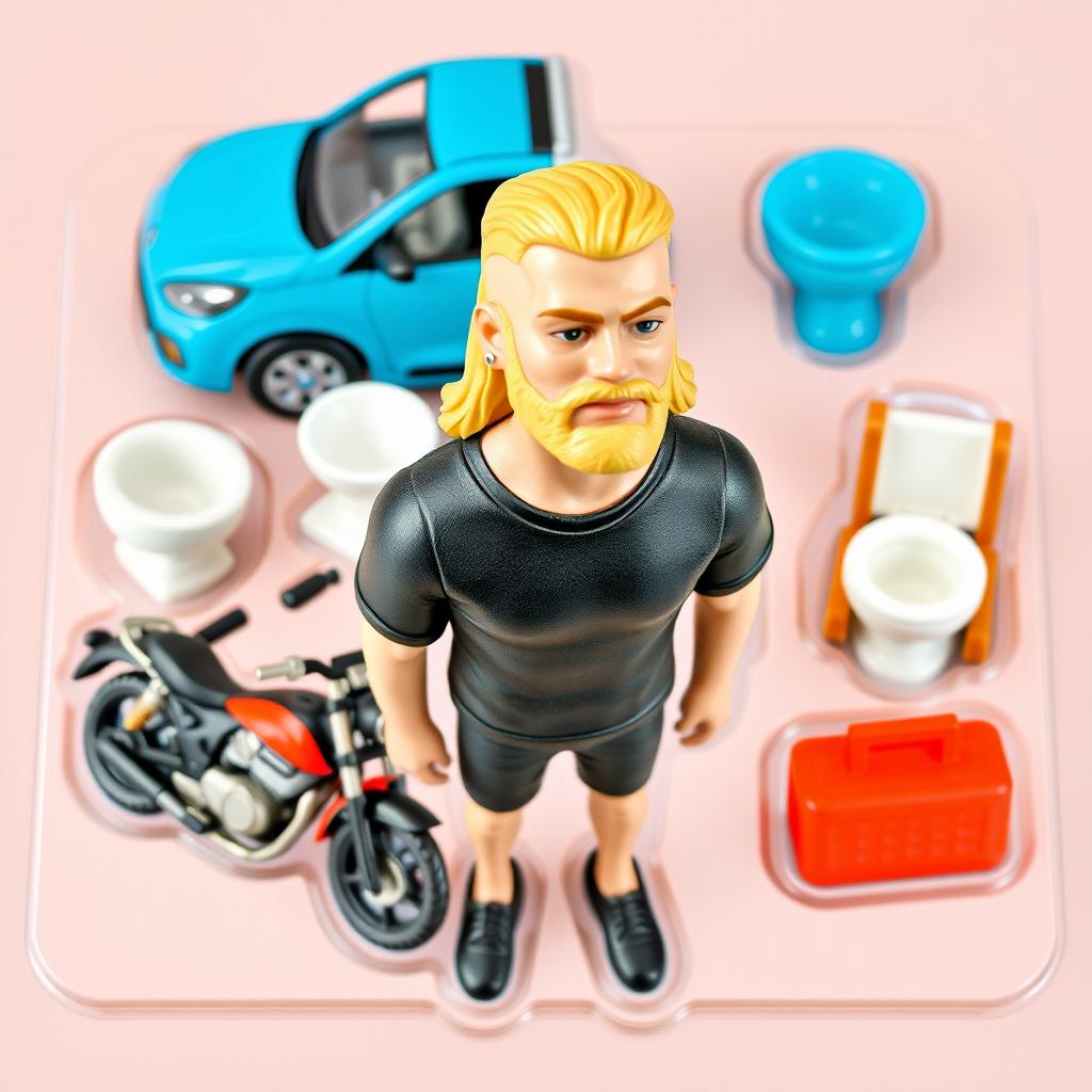 A plastic-looking toy starter pack featuring a blonde man with long hair shaved on the sides and a medium beard