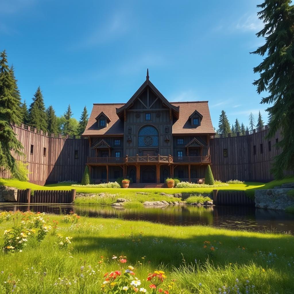 An expansive guild hall situated prominently in a serene clearing beside a tranquil lake, surrounded by towering wooden walls that provide a sense of security