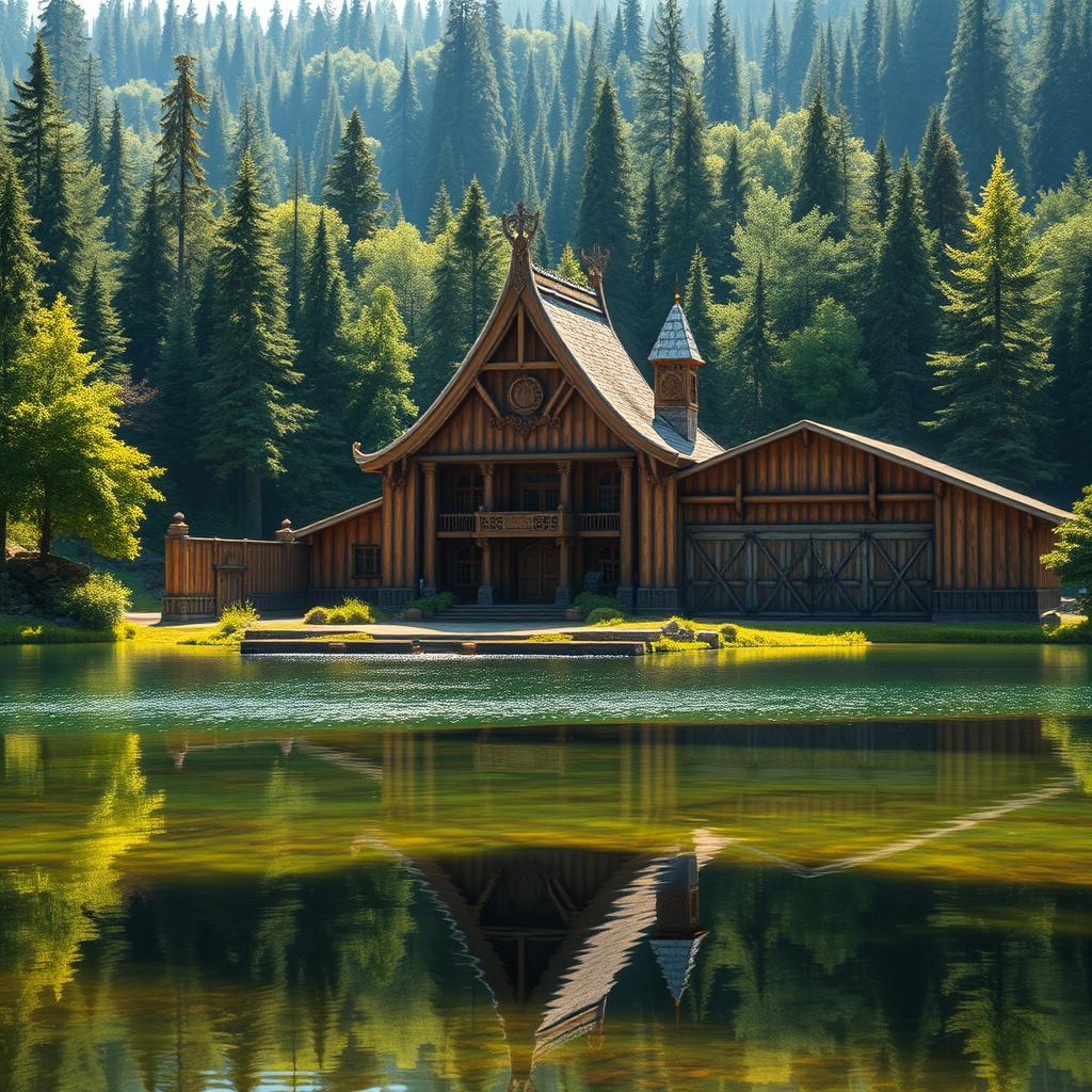 A large and impressive guild hall located in a spacious clearing within a vibrant forest, right beside a tranquil lake