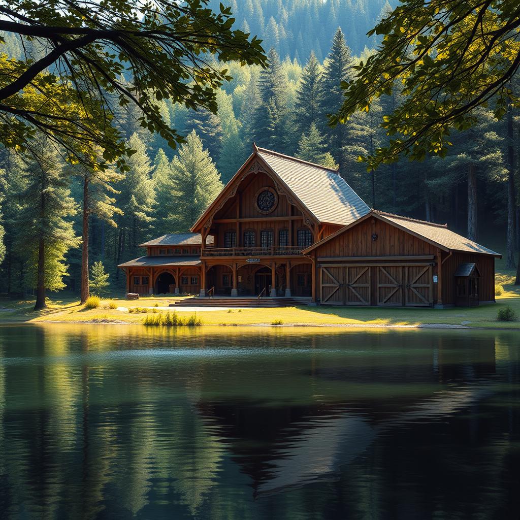 A large and impressive guild hall situated in a spacious clearing within a vibrant forest, adjacent to a calm lake