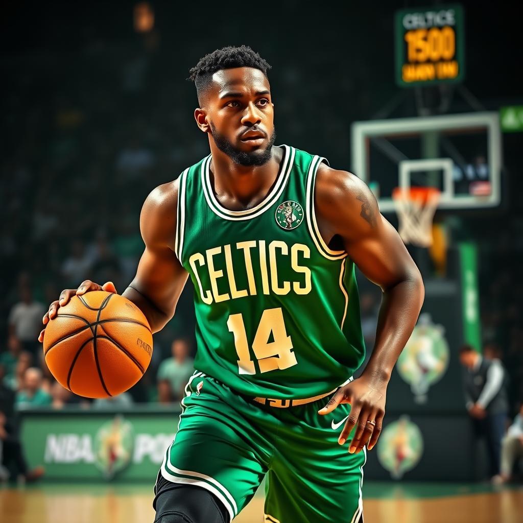 A handsome Black basketball player wearing a Boston Celtics jersey, showcasing his athletic build and confident demeanor on a basketball court