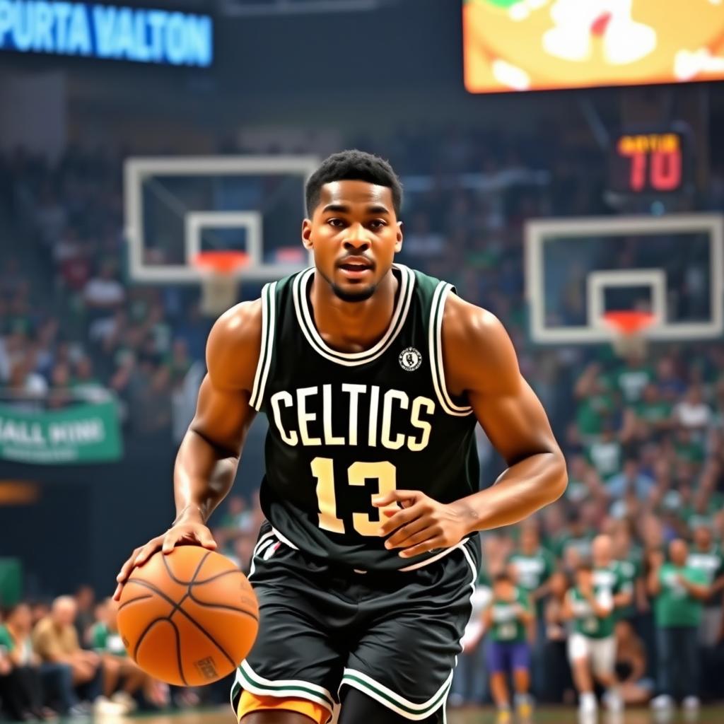 A handsome black basketball player in action, wearing the iconic Boston Celtics uniform, dribbling a basketball on a vibrant court