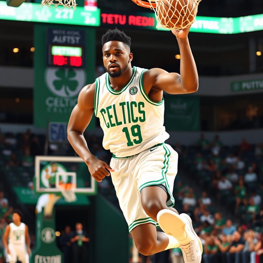 A handsome black basketball player in a Boston Celtics uniform, showcasing athletic prowess during a game