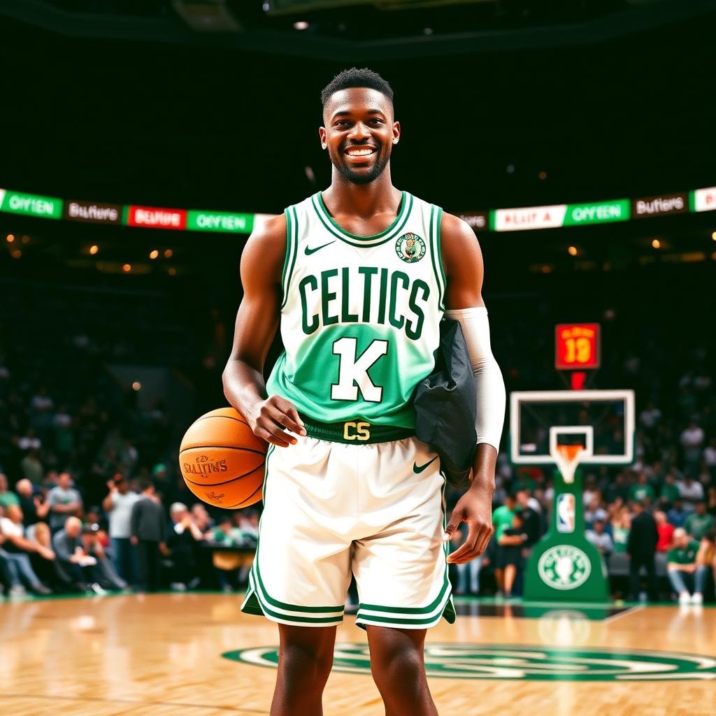 A handsome black basketball player wearing a Boston Celtics uniform, exhibiting a confident pose on the basketball court