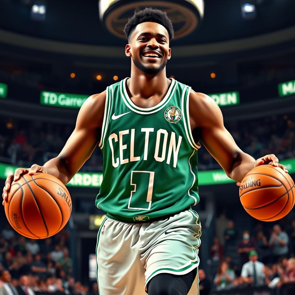 A handsome black basketball player wearing the Boston Celtics jersey, showcasing a strong athletic build and a confident smile