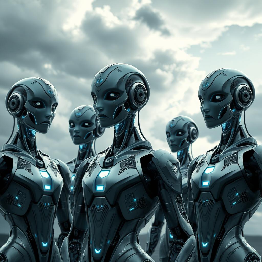 A group of stylish, futuristic AI beings, each with sleek metallic features and glowing accents, standing together