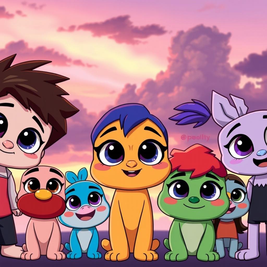 A group of cartoon characters with exaggerated features and bright colors, maintaining a similar style to their original looks