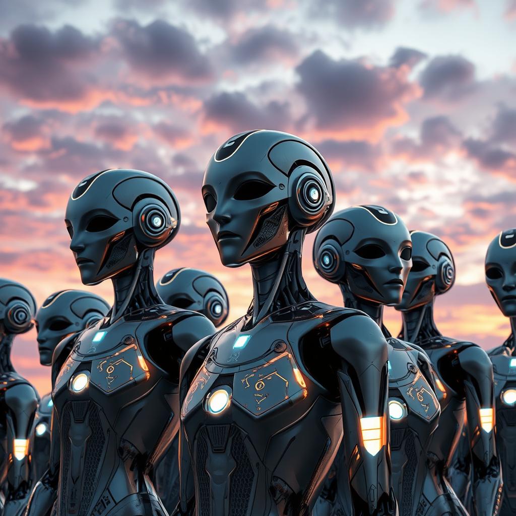 A group of stylish, futuristic AI beings, each with sleek metallic features and glowing accents, standing together