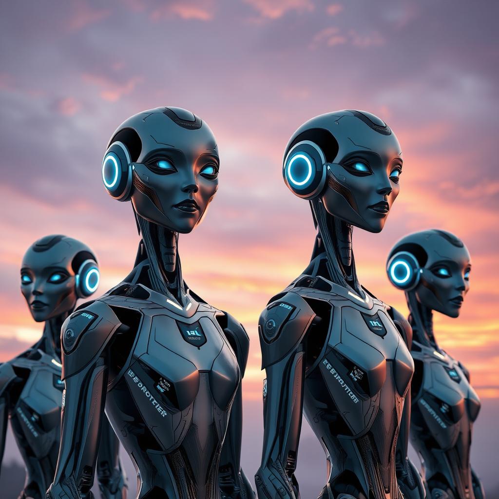 A group of stylish, futuristic AI beings with sleek metallic features and glowing accents, their faces unchanged and expressive