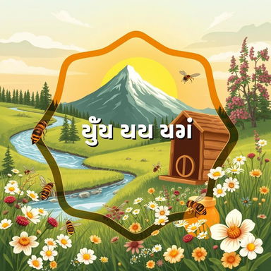 A beautifully illustrated scene depicting a mountain, a river, and a flower-filled meadow with buzzing bees and a beehive