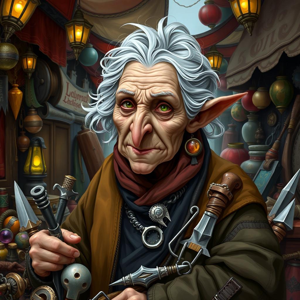 An elderly female merchant named Darva in a Dungeons & Dragons fantasy setting