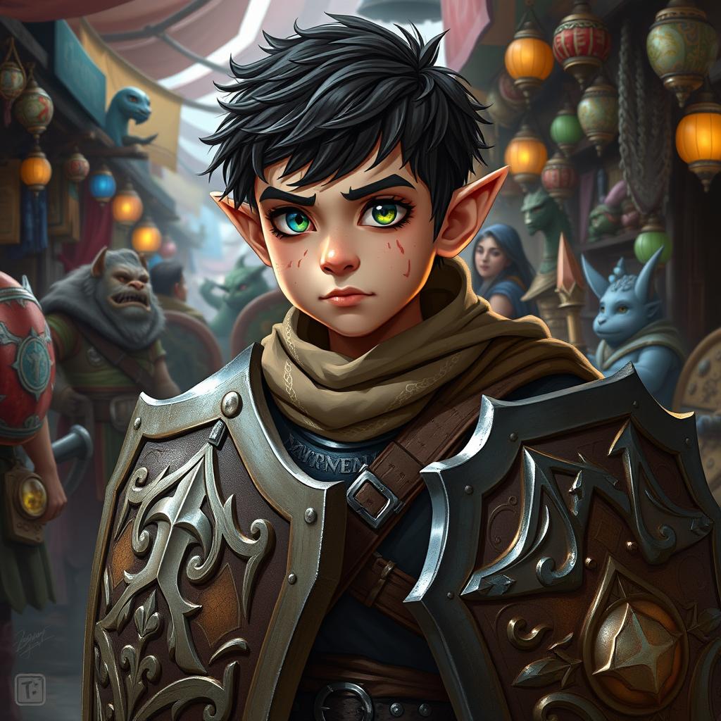 A fantasy DnD merchant named Yasna, a young halfling boy wearing intricate armor and carrying a variety of shields
