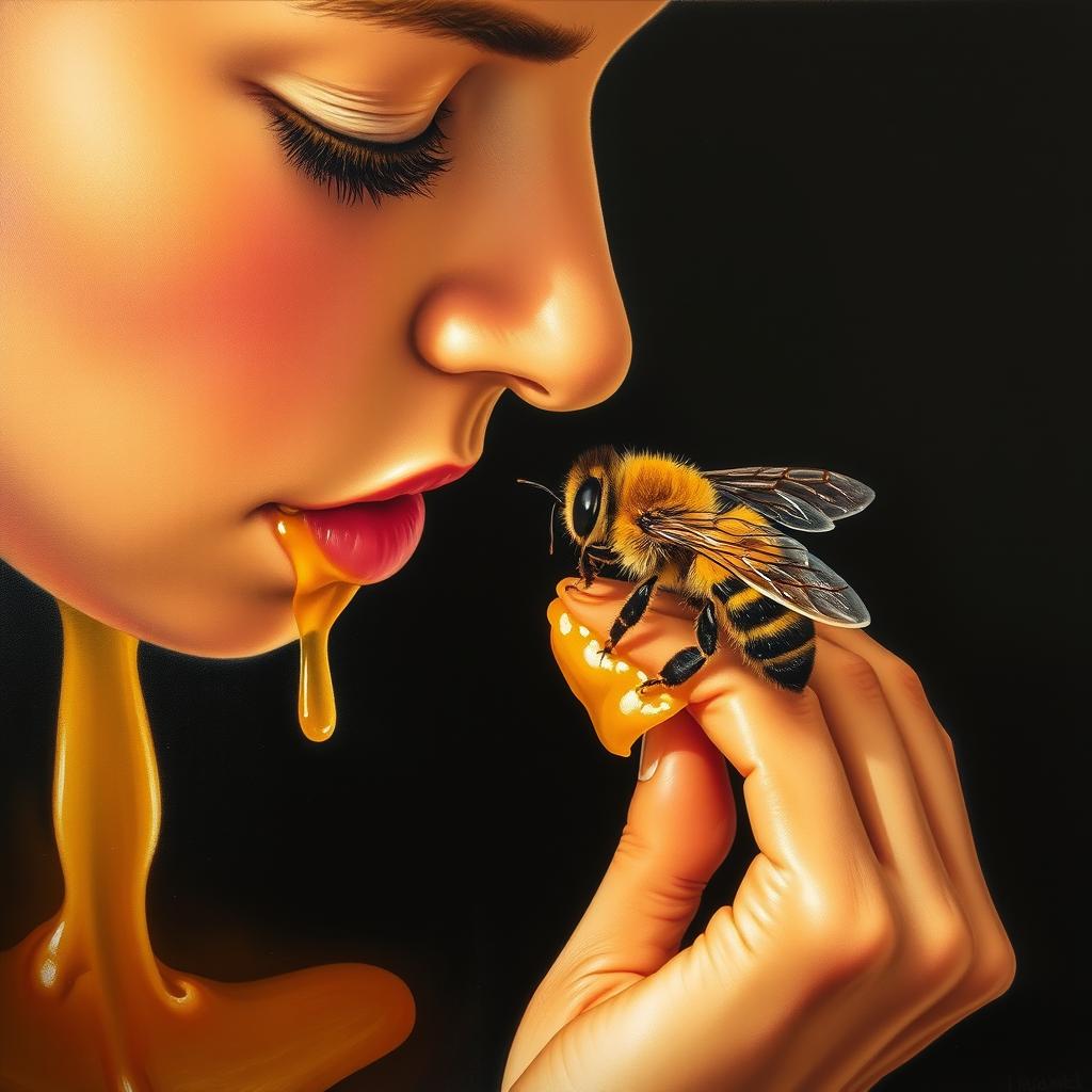 A realistic painting depicting the theme of honey and bees