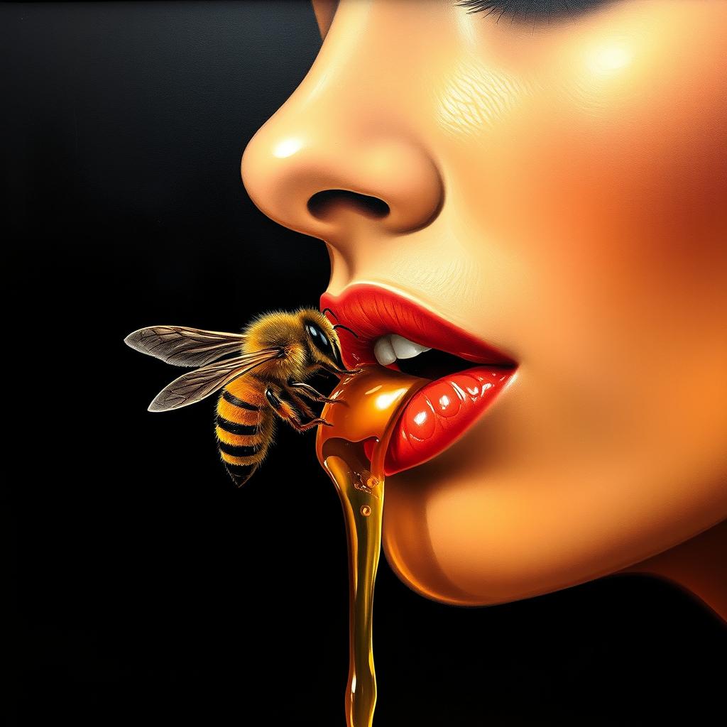 A realistic painting featuring the theme of honey and bees