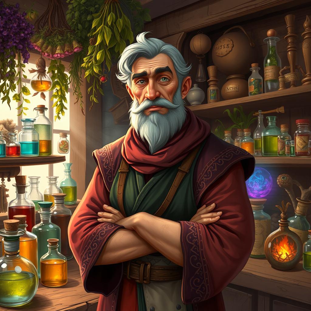A fantasy scene featuring a middle-aged male merchant named Gilianna, specializing in potions, poisons, and herbs