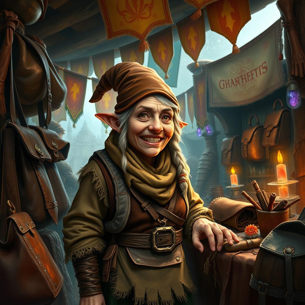 A fantasy setting reminiscent of Dungeons & Dragons, featuring a female elderly gnome merchant named Martu